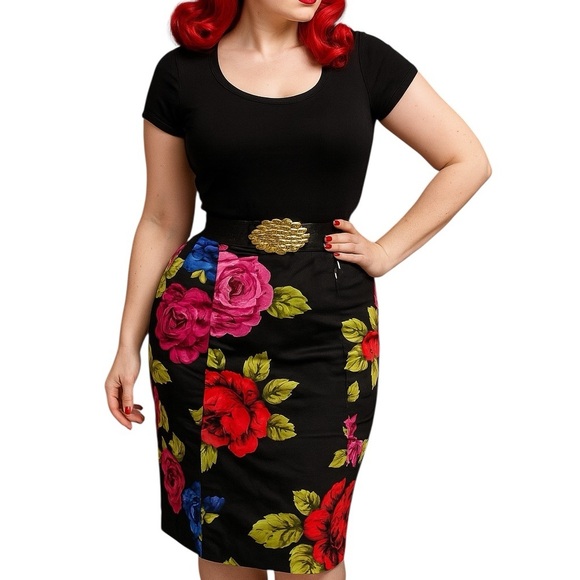 City Silk 6 Black Knee Length Pencil Skirt Bold Colorful Floral Print Office - Picture 1 of 5